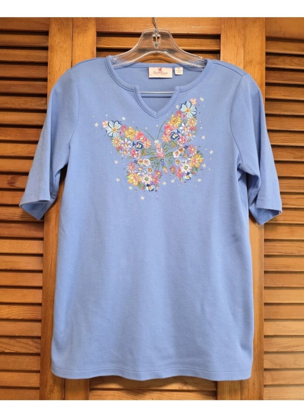 Quacker Factory Blue Embroidered Floral Butterfly 3/4 Sleeves Women's Top XS